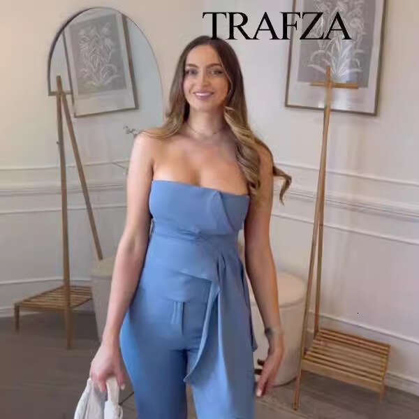 TRAFZA Sky Blue Autumn New Sleeveless Ruched Corset Top High Waist Flared Pants B5