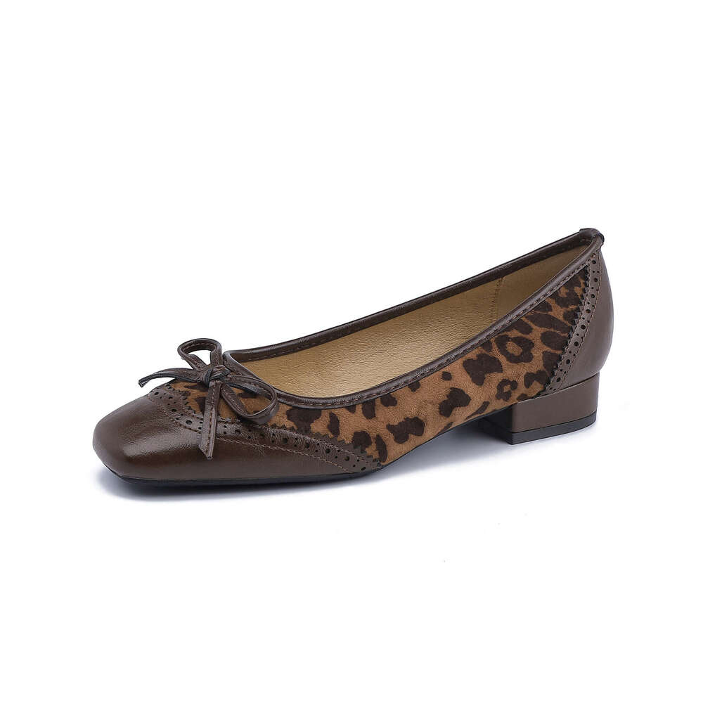Designer Women's Single Shoes with Bowknot, Leopard Print Patchwork, Shallow Mouth, Daily Versatile Comfortable Soft Sole High Heels