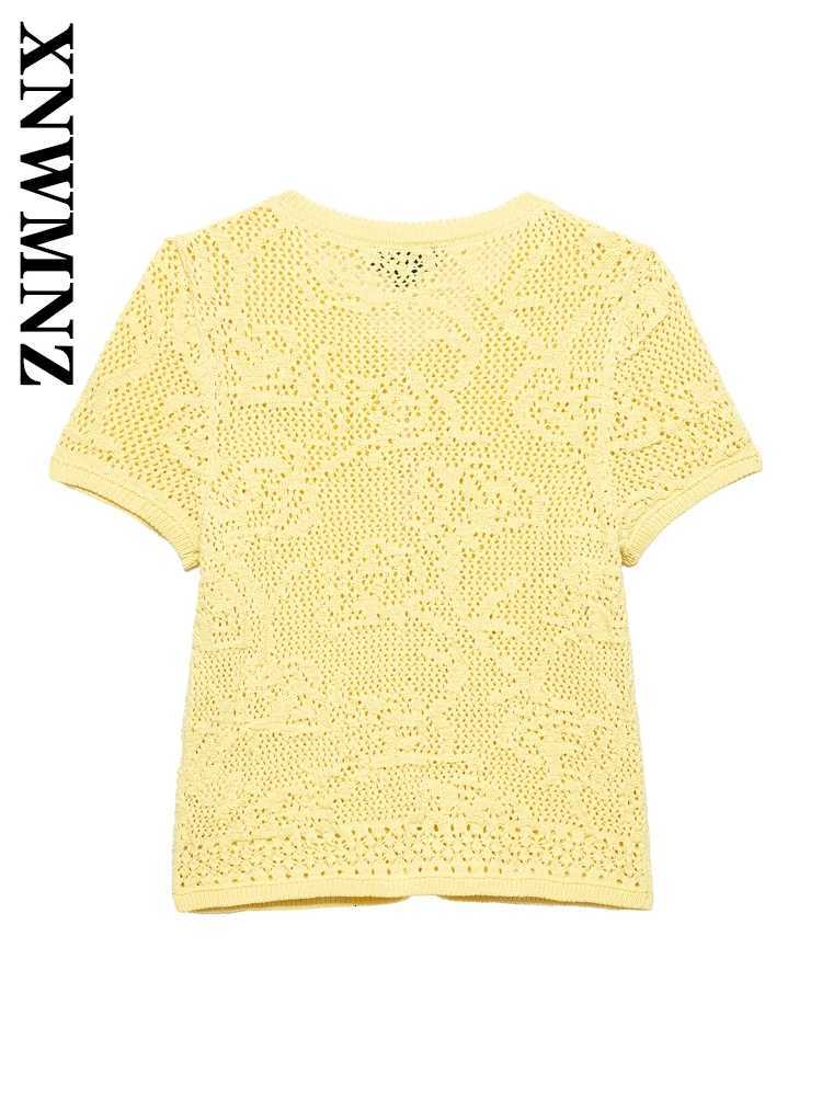 2025 Summer Women Fashion Commuting Short Sleeve Crochet Knitted Cardigan Elegant Simple Lady Yellow O-Collar Sweater X250724