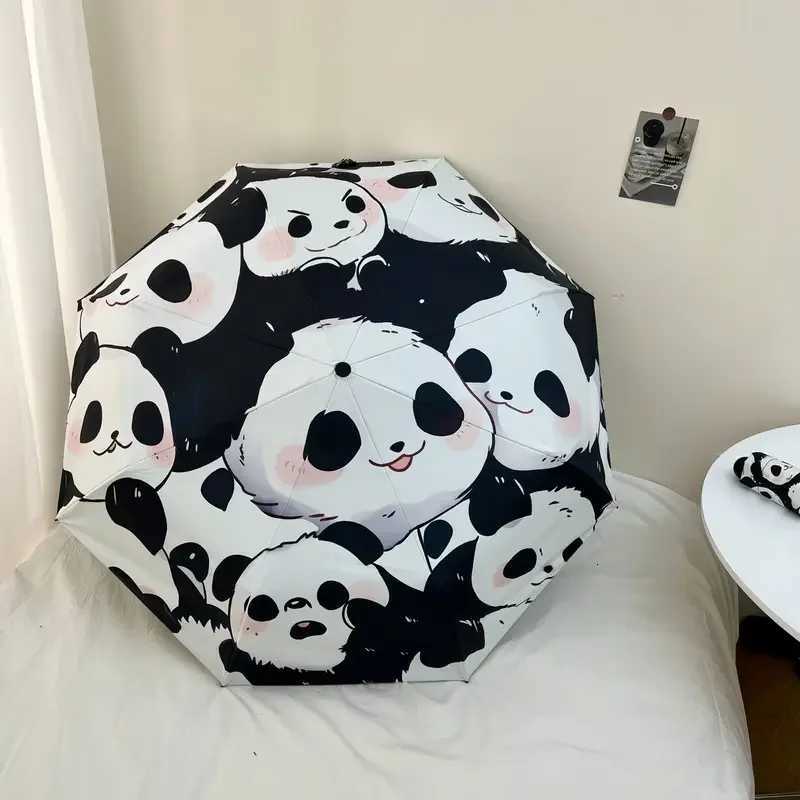 Ladies Cute Umbrella Panda Three Fold Windproof Travel Umbrella Black Coating Sunscreen Girls Sunshade Umbrella R250724