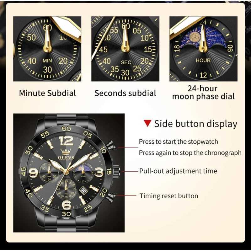 OLEVS Men Watch Black Stainless Steel Waterproof Luminous Moon Phase Digital Dial Original Quartz Movement Wristwatch 3678 W250724