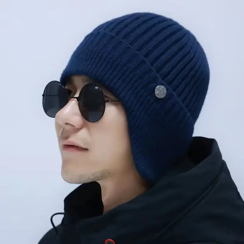 Fashion Men Wool Warm Knitted Hat Ear Protection Hat Skullies Beanies Double layer Velvet Thickened Ski Hat Beanies for Men 250722