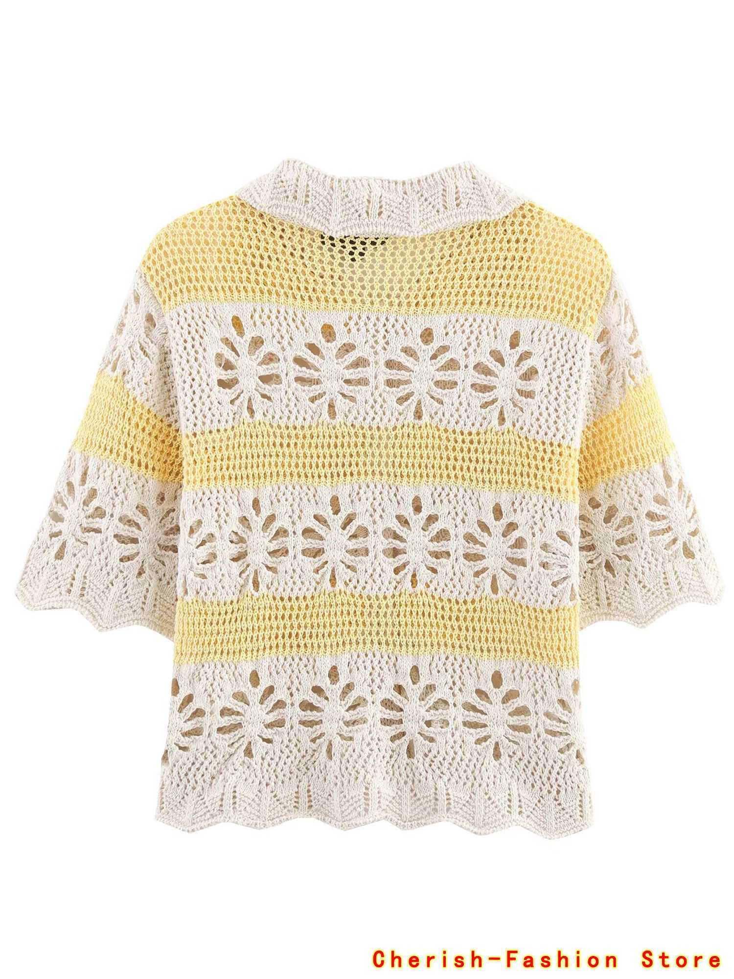 Embroidery Hollow Out Blouse Top Short Sleeve Cardigan Women Summer Boho Vacation Outfit Knit Cardigan Contrast Color Lapel Hot X250724