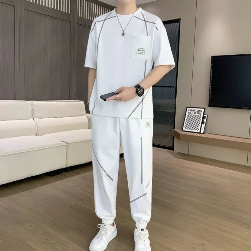 Sweatshirts Man Trousers Sets Sweatsuit Tracksuit Loose Stylish Essential Polyester High Quality T-shirts Pants Suits for Men 250717