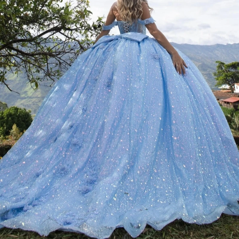 Blue Shiny Quinceanera Dresses Off Shoulder Ball Gown Sweet 16 Dress Applique Lace Bow Beads Tull Birthday Party Vestidos 15 Anos