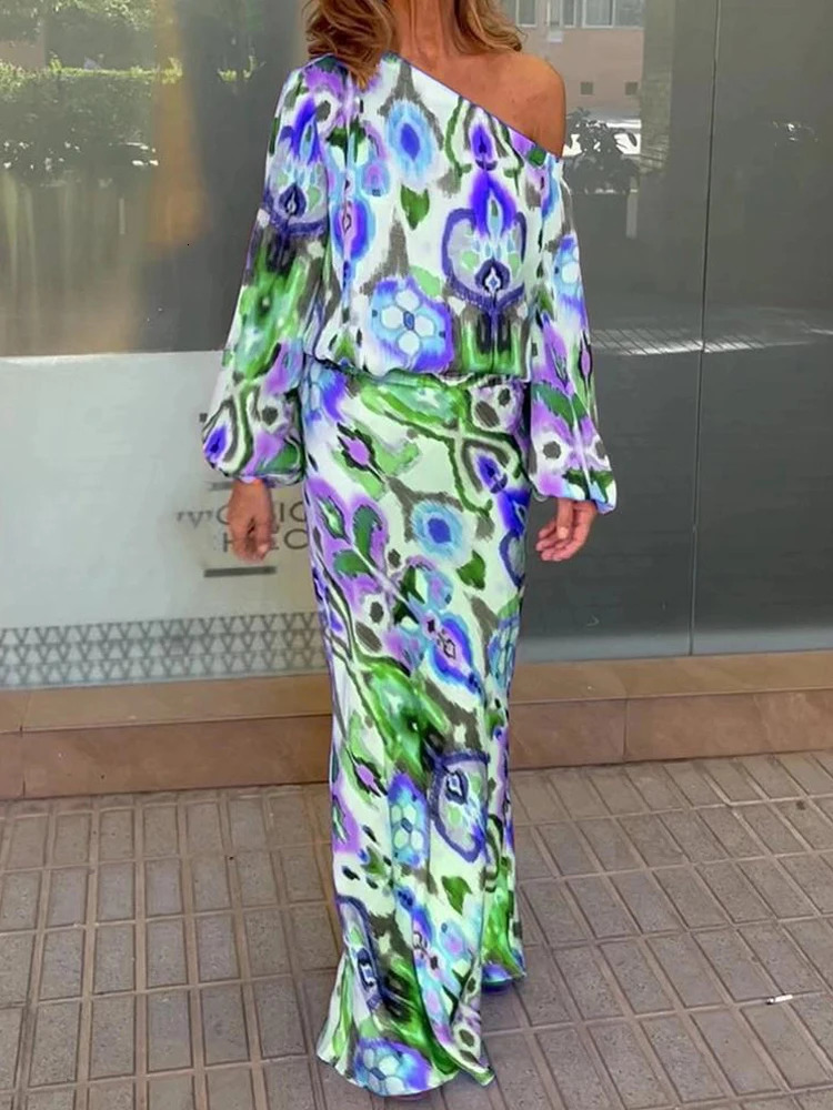 Autumn Casual Loose Print Two-piece Women Off Shoulder T-shirt Asymmetrical Long Sleeved Top And Half Body Fishtail Skirt Set 250724
