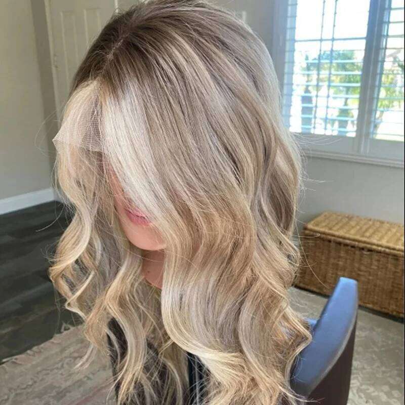Ombre Ash Blonde Platinum Sier Bob With Highlight Hairline Short Wavy Lace Front Wigs For Woman Dark Roots Synthetic Wig