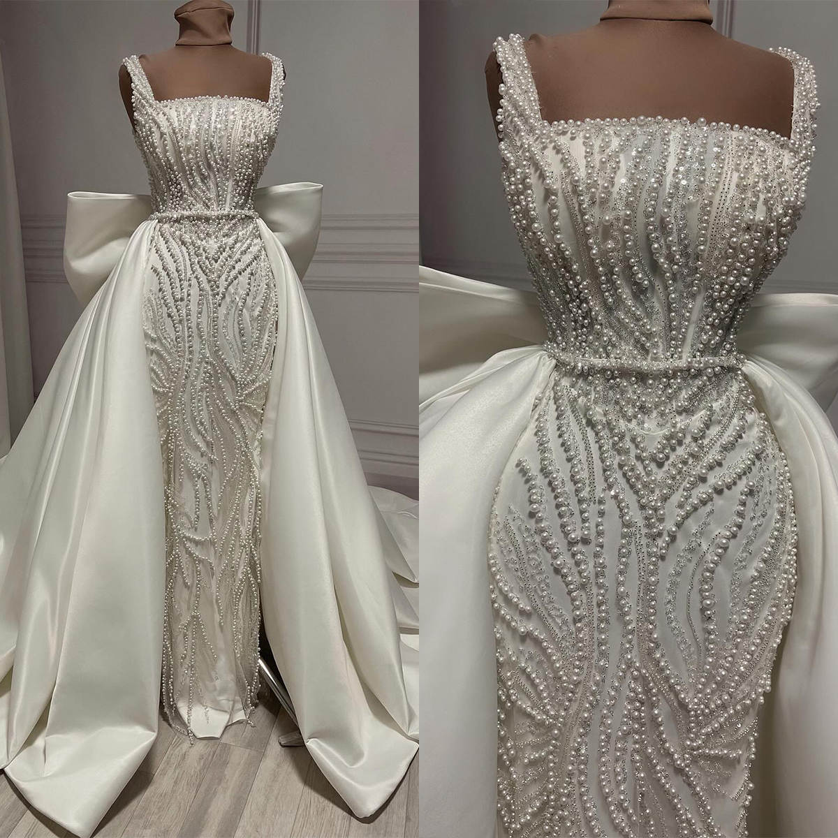 Luxury Wedding Dresses Mermaid Square Collar Pearls Beading Bow Backless Sleeveless Bridal Gowns Customized Vestido de novia