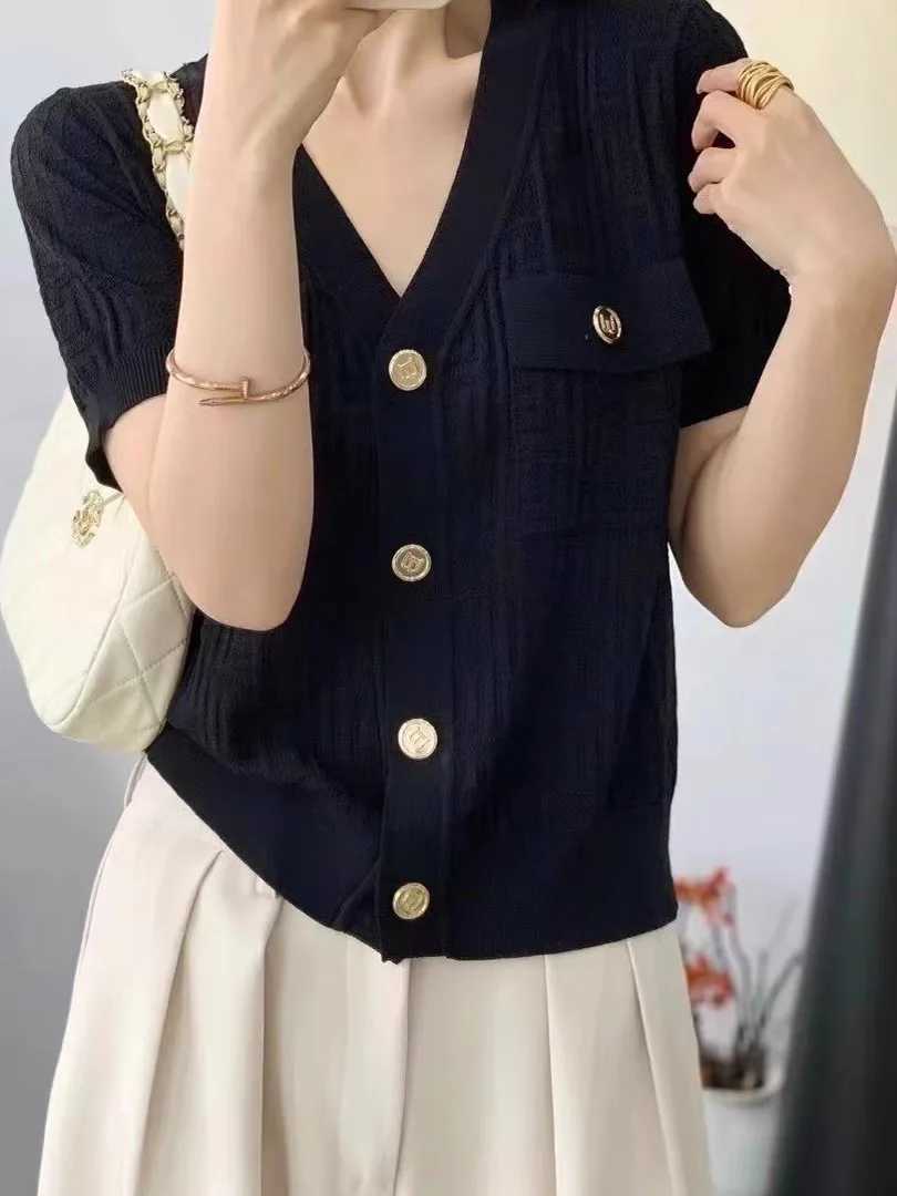 Stylish V-neck Sweater Cardigan Women Summer Jacquard Knit Single-breasted Short Sleeve Tops Knitwear Elegant Fashion Chic Jumpsuit X250724
