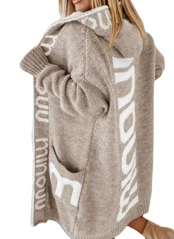 Womens Long Hooded Cardigan Knitted Coat Letter Pattern Knitwear Vintage Long Knitwear Loose Monochromatic Casual Sweater X250724