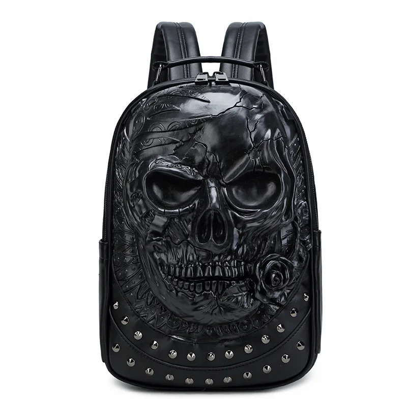 JIEROTYX Rivet 3D Skull Skeleton Embossed Shoulder Bag Travel Backpack Restore Halloween Cool Dark Gothic Carving Backpack 250723