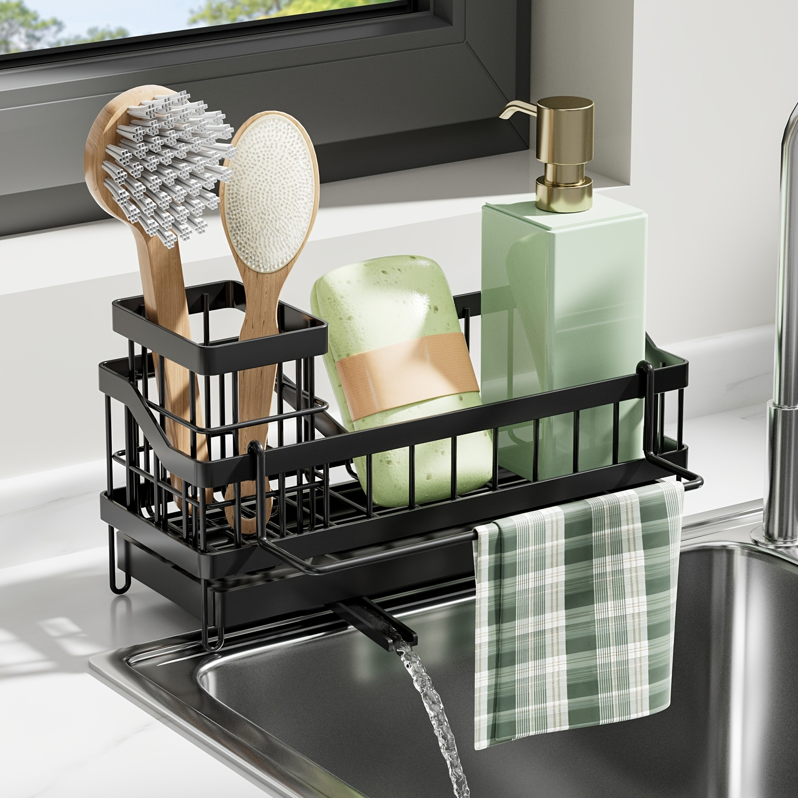 2-in-1 Kitchen Sink Organizer (9.5") Sponge Holder with Soap Dispenser Tall Brush Stand Rustproof ABS Plastic with Non-Slip Base Black Countertop