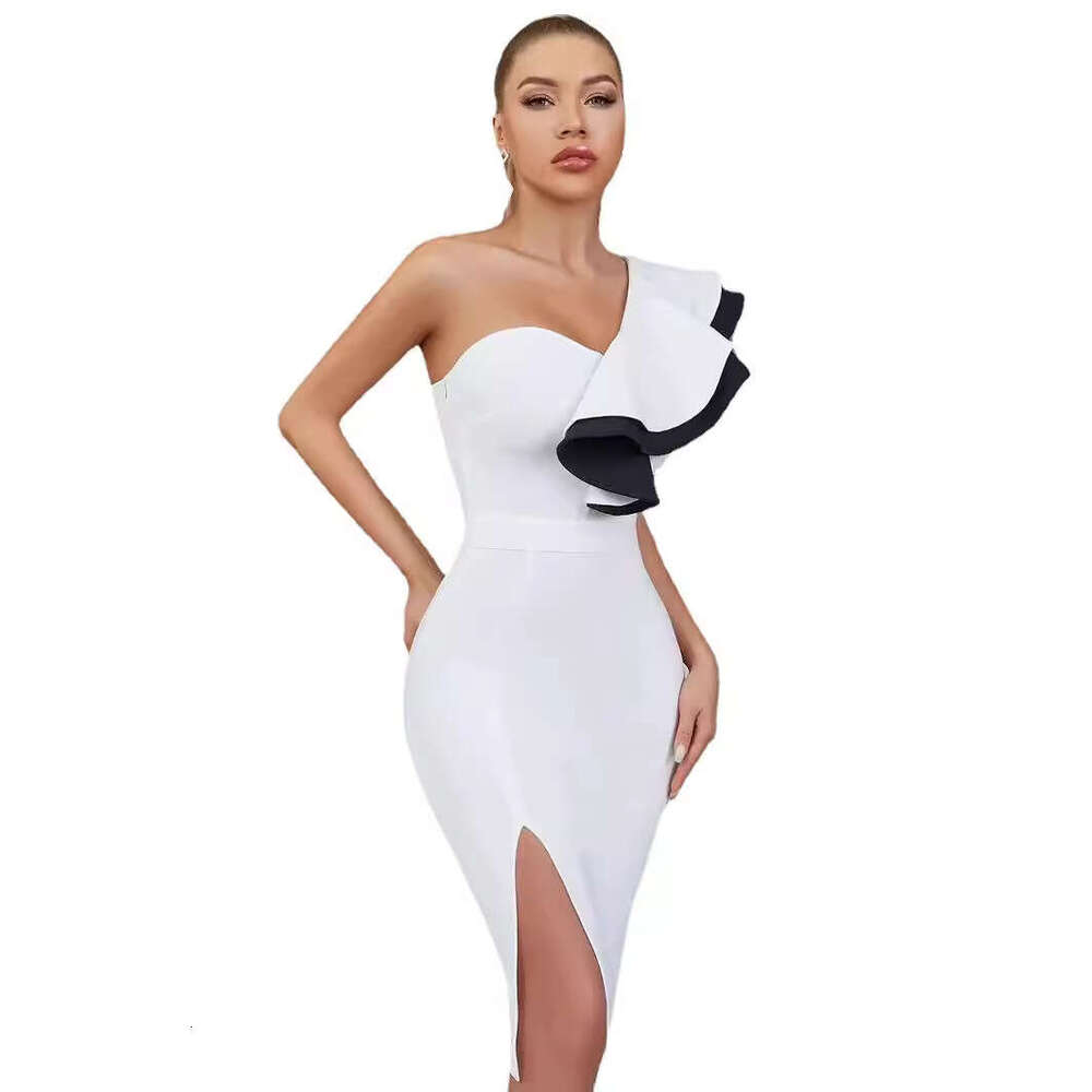 White Skirt Maxi Skirt Style Color Block Ruffle Asymmetric Shoulder Bodycon Split Bandage Dress Long Skirt