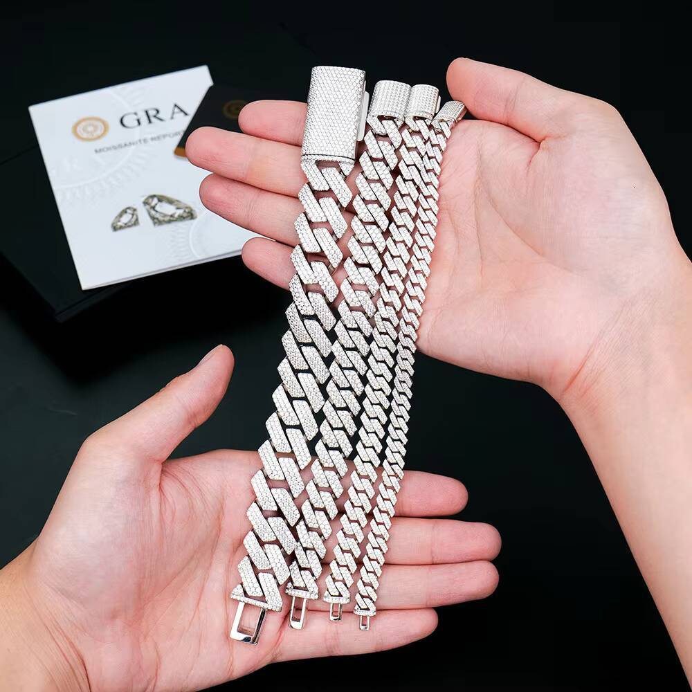 8/10/12/14mm S925 Sterling Silver Hip Hop Diamond Link Bracelets Sparkling Real Full Moissanite Cuban Chain Bracelet