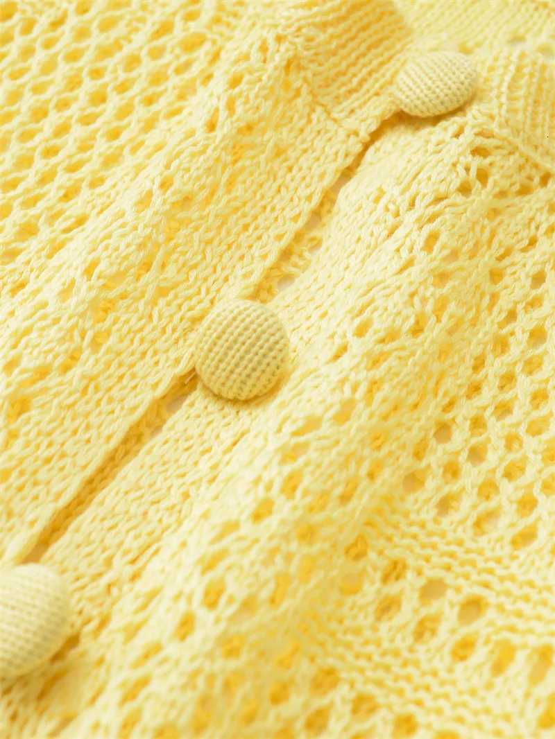 2025 New Yellow Knitted Short Sleeve Cutout Design Cardigan for Women Summer Casual Fashion Personality Versatile X250724