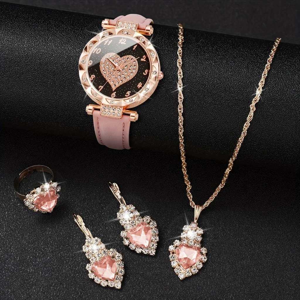 5PCS Women Quartz Watch Set for Gift Heart Shaped Rhinestone Accessories Mother Her W250724