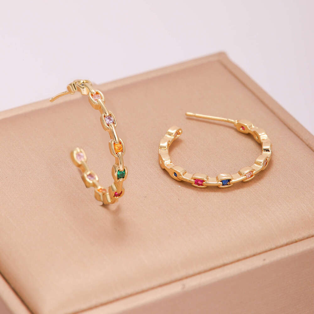 French Fashion C-Shaped Full for Women, Colorful Dia INS Style Micro Pave Zirconia Luxurious Simple Hoop Earrings with Real Gold Plating
