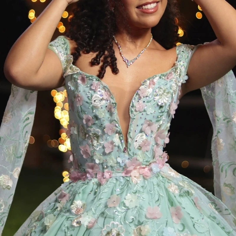 Green Quinceanera Dresses Off Shoulder Ball Gown Sweet 16 Dress Applique Flower Beads With Cape Tull Birthday Party Vestidos 15 De Anos