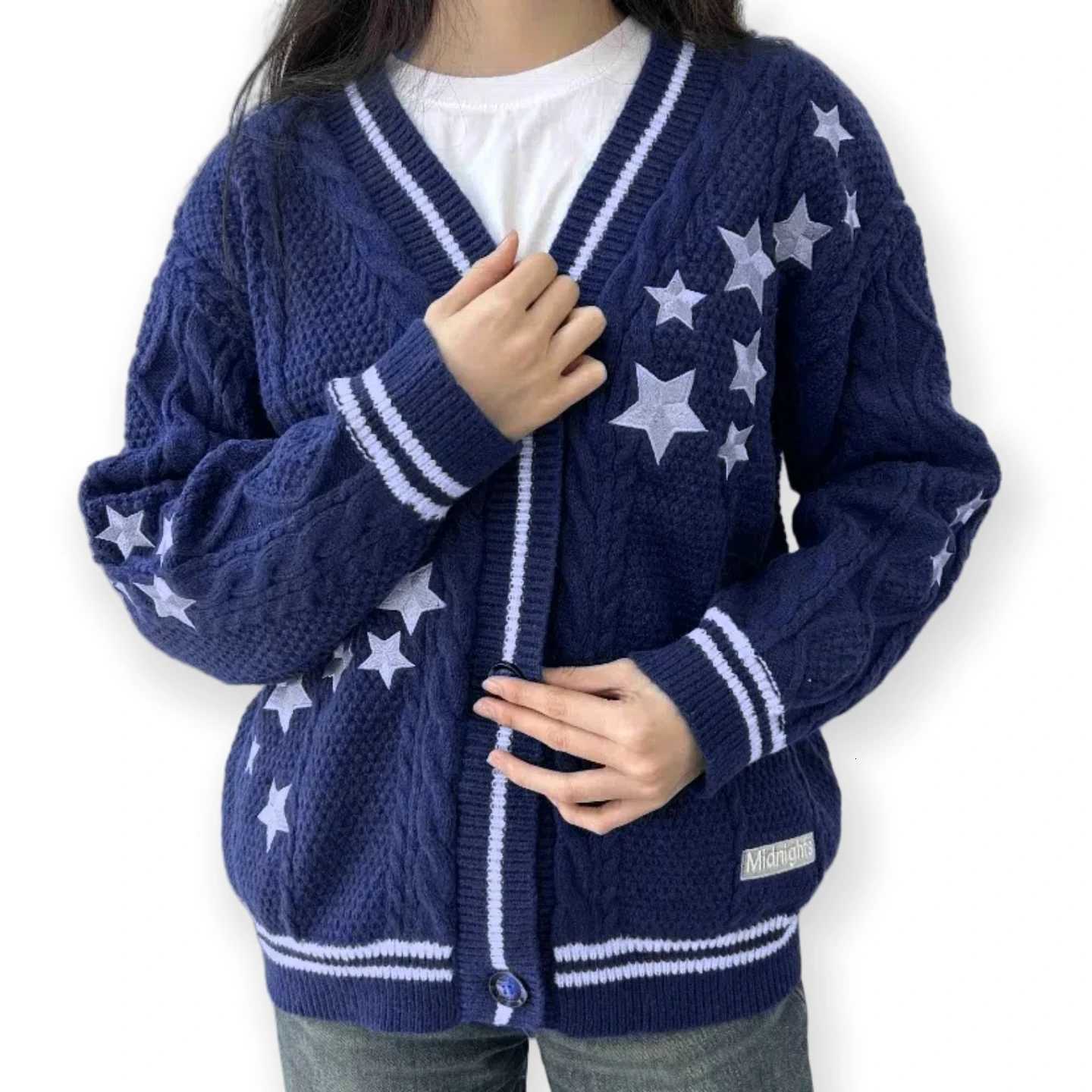 Midnights Navy Blue Knitted Sweater Women Autumn Star Embroidery Cardigans Winter All Too Well Maple Leaf Embroidery Cardigans X250724