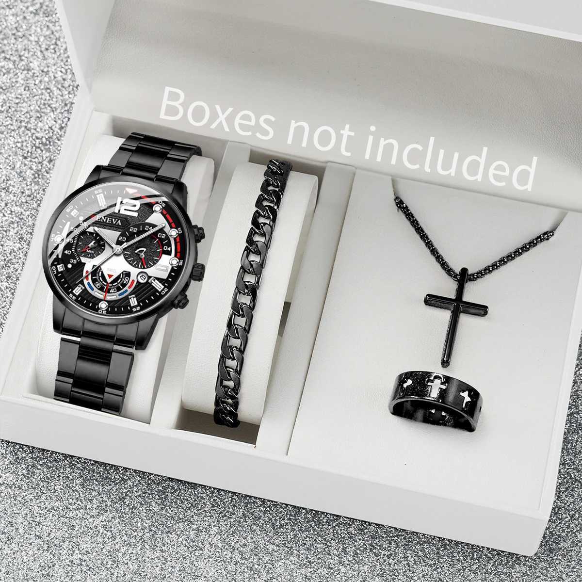 4PCS/Set Fashion Men Watches Black Steel Band Men Business Quartz Watch Jewelry Set (Without Box) W250724