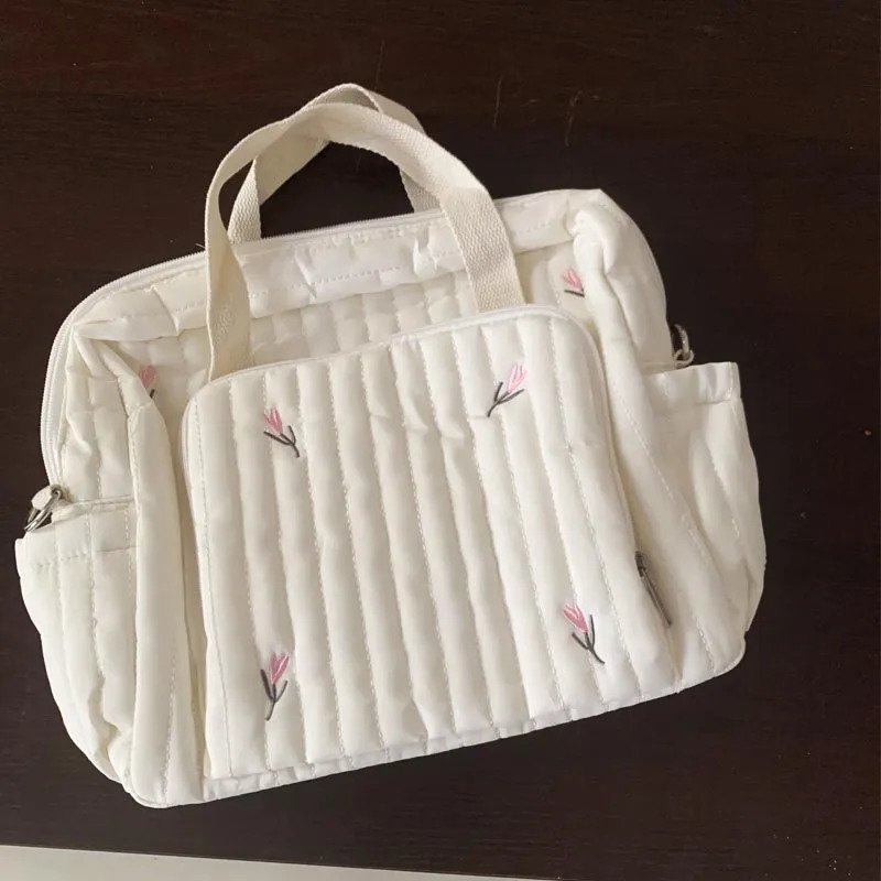 Baby Diaper Bag Cute Bear Flower Embroidery Pattern Mommy Beige Cotton Fabric Zipper Handbag Luggage Bag 250724