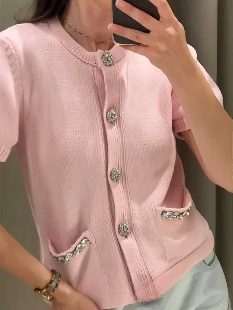 Womens Autumn Casual Knitted Cardigan Single Breasted Round Neck Pocket Cardigan Half Sleeve Womens Sweater X250724