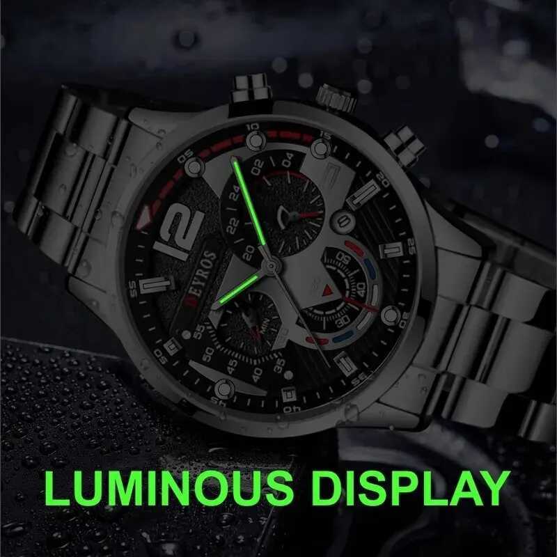 3PCS Set Fashion Mens Business Watches Male Casual Stainless Steel Quartz Wristwatch Men Gold Necklace Bracelet Wrist Watch W250724