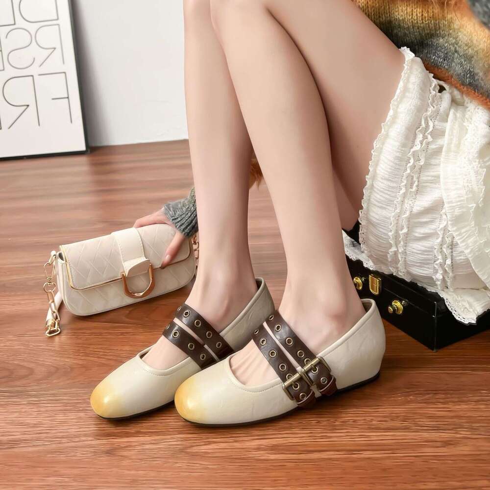 Designer Spring New Color-Block Mary Jane French Style Hidden Wedge Double Strap Flat Single Shoes for Women