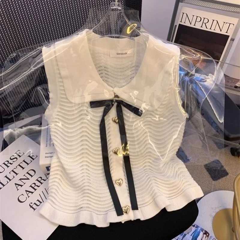 Bow Knitted Vest for Women Summer Love Button Doll Collar Black Ears Flying Sleeves Ice Silk Top X250724