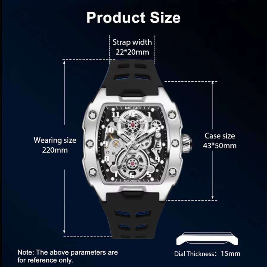 DHgargets MEGIR Men's Skeleton Tonneau Watch - Automatic Mechanical, Luminous, 30M Waterproof, Silicone Strap, Fashion Wristwatch