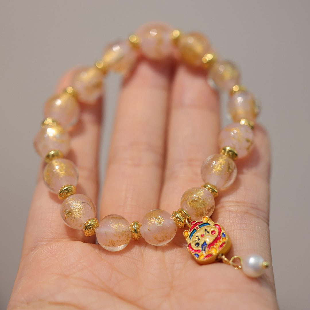 Elegant Versatile Chinese Style Gold Foil Ash glazed Glass Beaded Bracelet for Women Multicolored Treasures Mascot inspired with Imperial Ethnic Flair