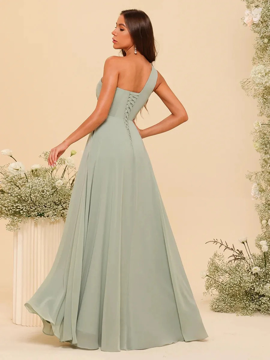 Mint Simple Chiffon A Line Bridesmaid Dresses Elegant One Shoulder With Hole Floor Length Maid Of Honor Gowns Pleated Sexy Side Split Long Wedding Gue