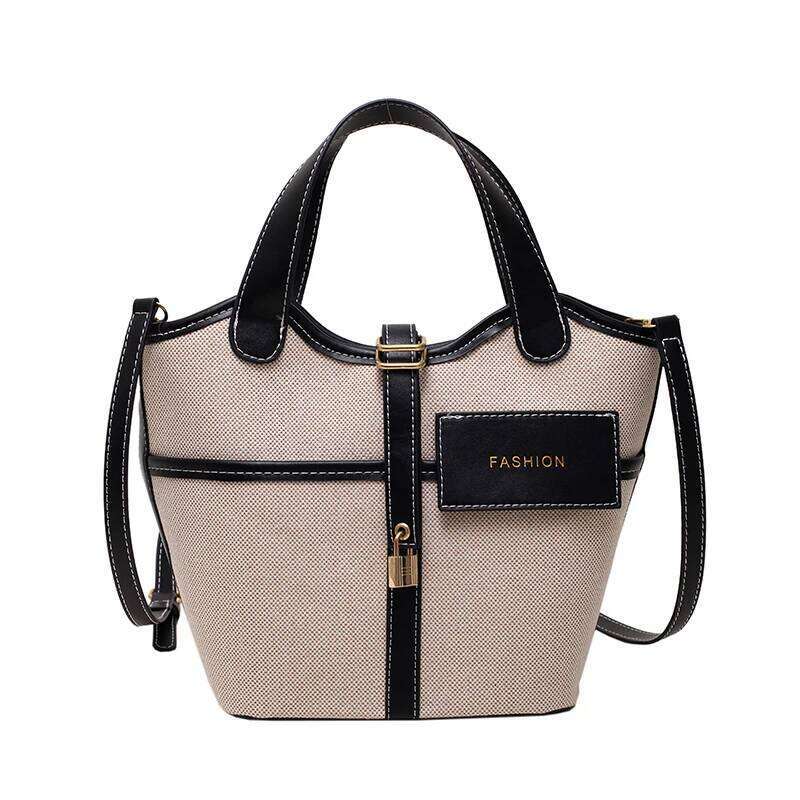 Retro Canvas PU Spliced Bucket New Women's Personalized Design Large Capacity Crossbody Bag Versatile Commuting Handbag
