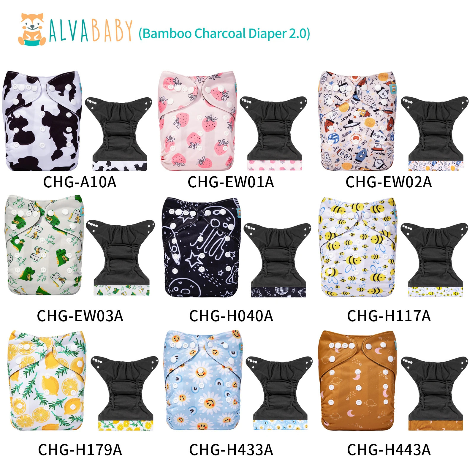 U Pick ALVABABY Bamboo Charcoal Cloth Diaper with Double Gussets and Tummy Panel Each 1pc 4layer Blend Insert 250724