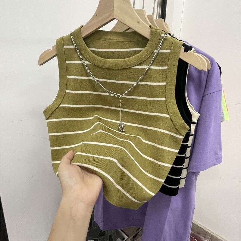 sxzy Knitted Short Striped Vest for Women Summer Inner Chain Design Sense Niche Outer Wear Sleeveless Hot Girl Top Ins