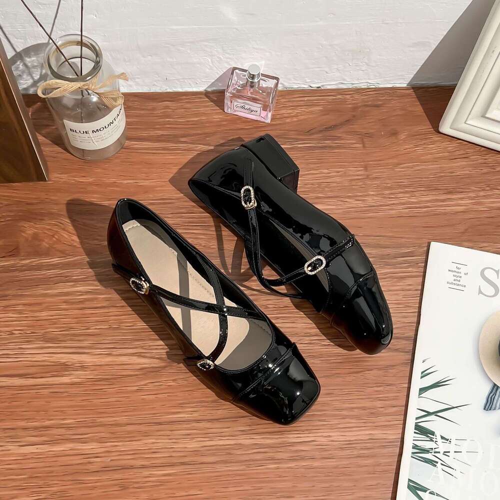 2025 Spring New French Style Shallow Mouth Single for Women, Chunky Heel, Comfortable Cross Strap, Round Toe Mary Jane Shoes