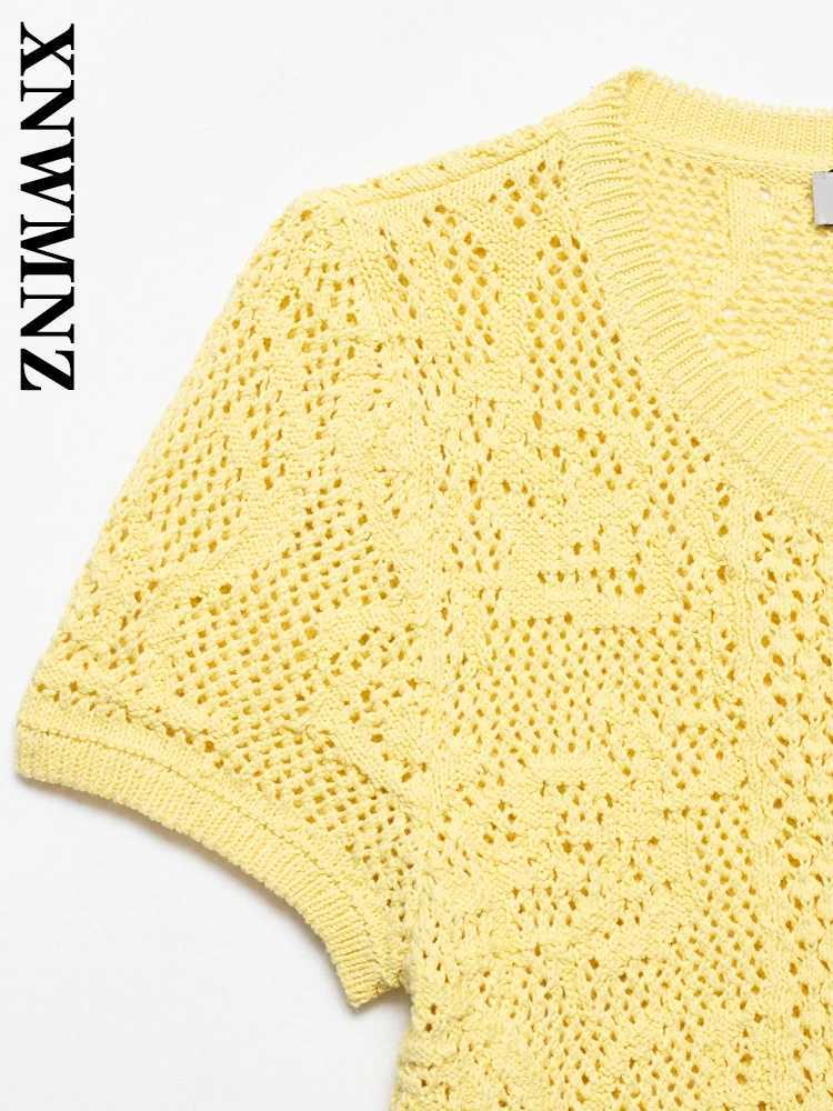 2025 Summer Women Fashion Commuting Short Sleeve Crochet Knitted Cardigan Elegant Simple Lady Yellow O-Collar Sweater X250724