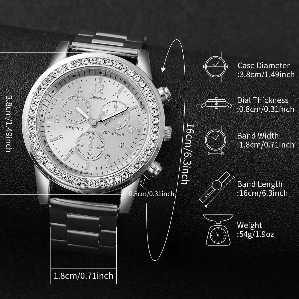 4PCS/Set Fashion Rhinestone Womens Watch Stainless Steel Band Quartz Watches Silver Bracelets Set W250724