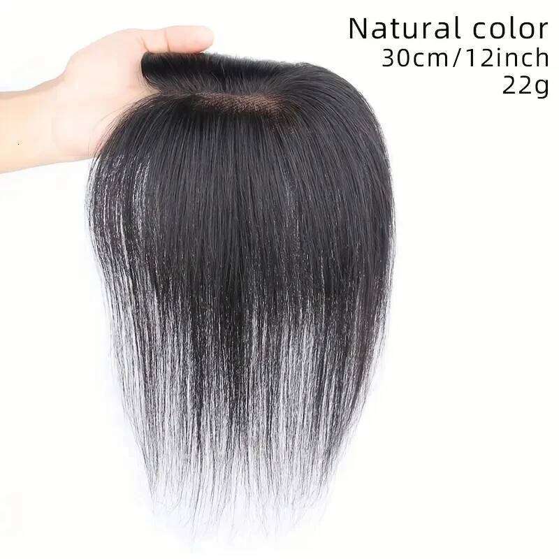 Women's Human Topper Piece Hand-Tied No-Sew Hairpiece Voluminous Bangs Natural Look Straight Black Hair for Bald Spots