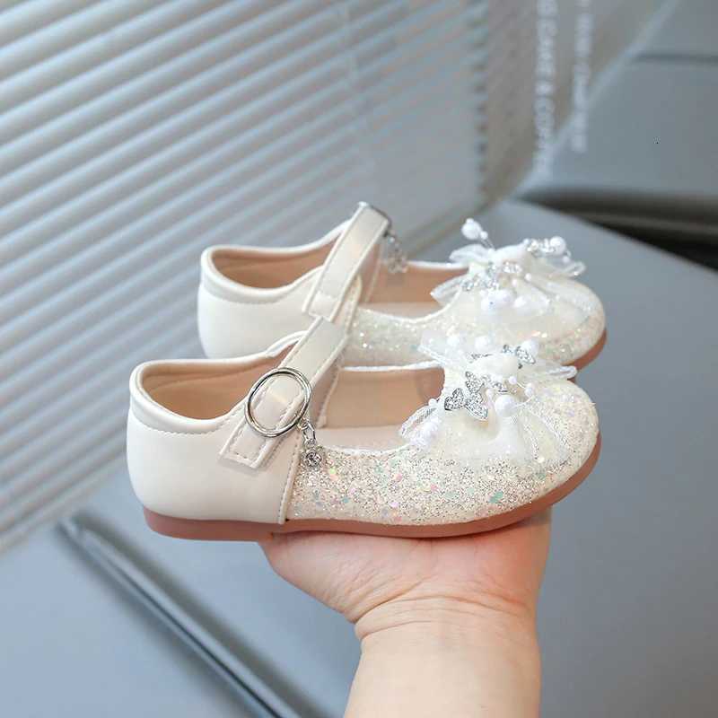 2025 Princess Shoes Mesh Lace Bow Childrens Flat Shoes Shiny Glitter Childrens Leather Shoes Round Head Sweet Hook and Loop XJ250724