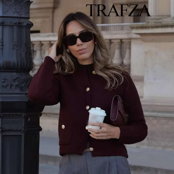 TRAFZA Autumn New Style Gold Button Short Knitted Cardigan Jacket B5