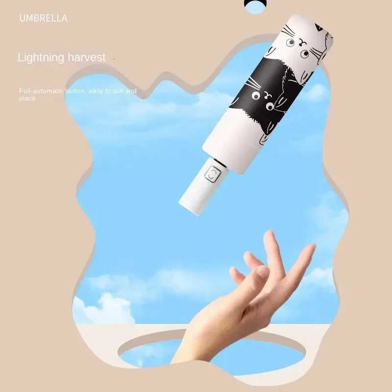 1pc Simple Cartoon Kittens Printed Black And White Automatic Umbrella Sunny And Rainy Dual-use UV Protection Umbrella R250724