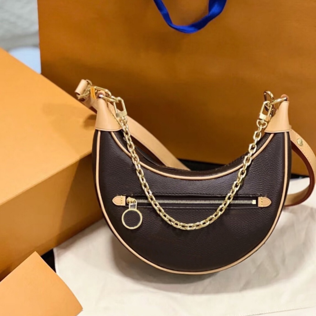 Luxury Designer Moon Chain Loop Bag Brown Flower Women Shoulder Crossbody luxe sleek design Removable Straps Purse Lady Leather