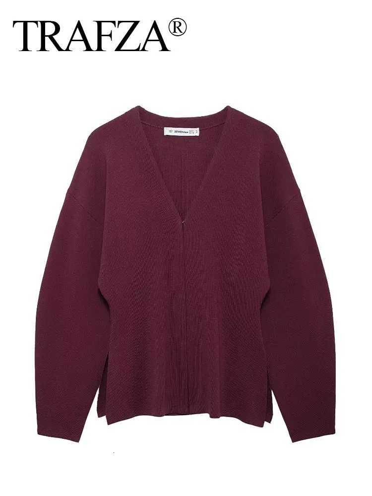 TRAFZA Women Autumn Fashion Sweater Elegant Solid V-Neck Long Sleeve Single Breasted Knitted Coat Tops Female Casual Cardigans X250724