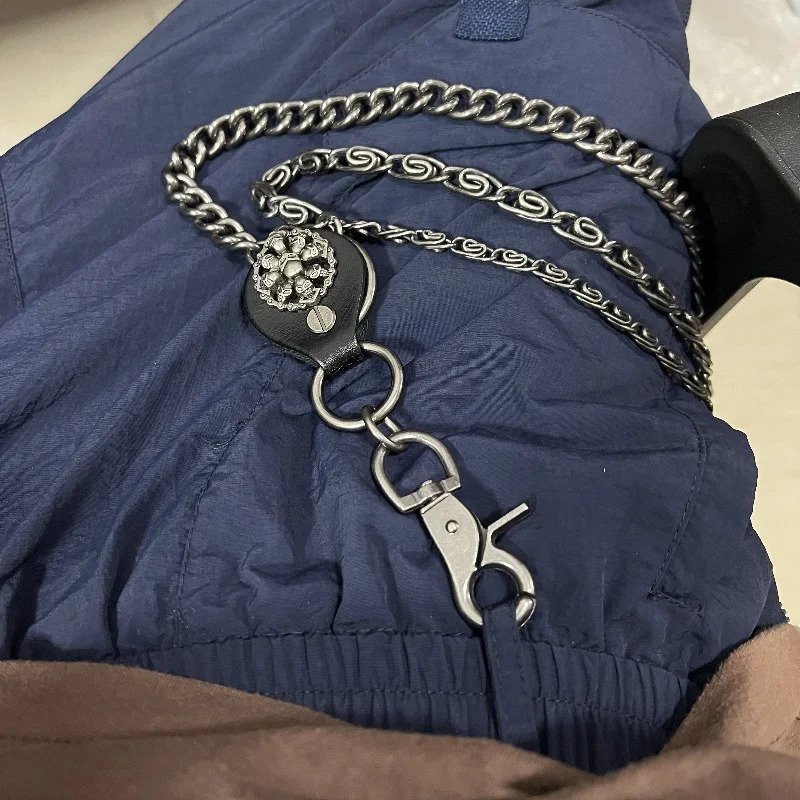 Halloween Hip hop punk pants chain Jeans Skeleton decoration on the waist Genuine leather metal jewelry 250722