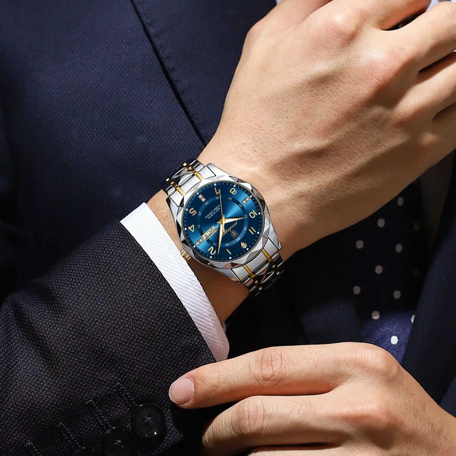POEDAGAR Luxury Fashion Men Quartz Watch Waterproof Date Week Luminous Wristwatch Stainless Steel Mens Watches Sport Male Watch W250724