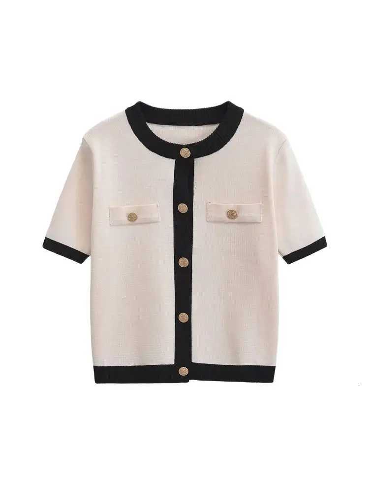 TRZA Womens Patchwork Knit Cardigan Sweater O-Neck Short Sleeve Button-Up Chic Fashion Outerwear Top X250724