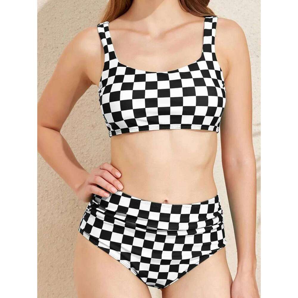 Plaid Prinded Sport Bikini Set High Waist Swimsuit 2025 Women Padded Sexy Swimwear Female Swimming Bathing Suit Beachwear Summer