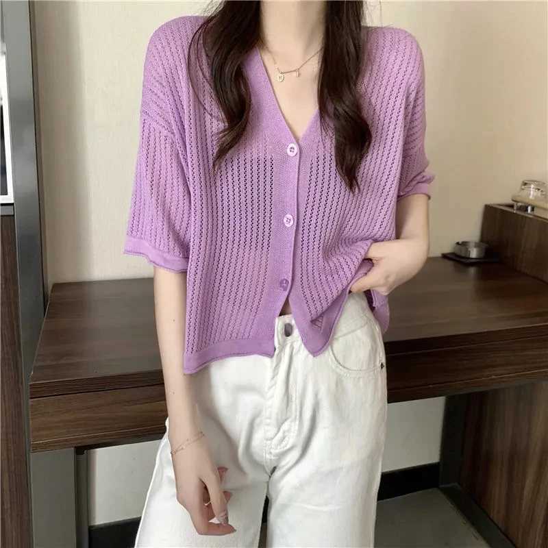 5 Neck Hollow Cardigan Women Summer Thin Short Sleeve Knitted Sun Protection Tops Korean Style Preppy All Match Crop Tops X250724