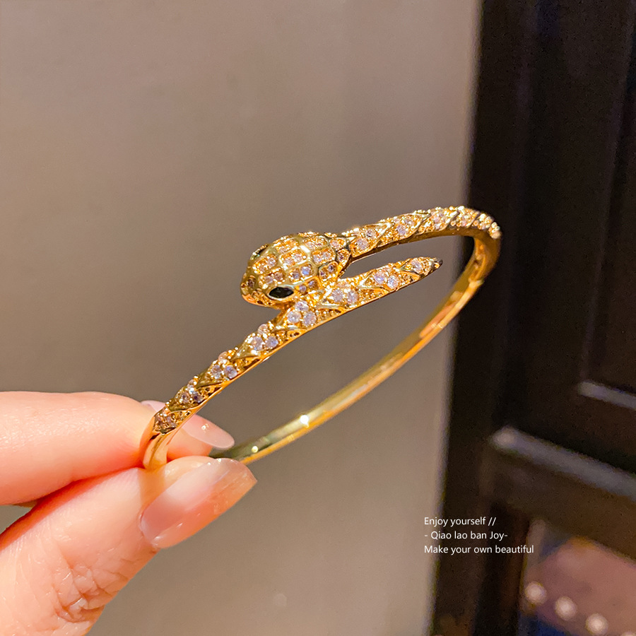 Gold Tone Snake Shaped Bangle Bracelet Pave Crystal Accents Edgy Party Jewelry And Gift For Her High Quality And Stylish Design